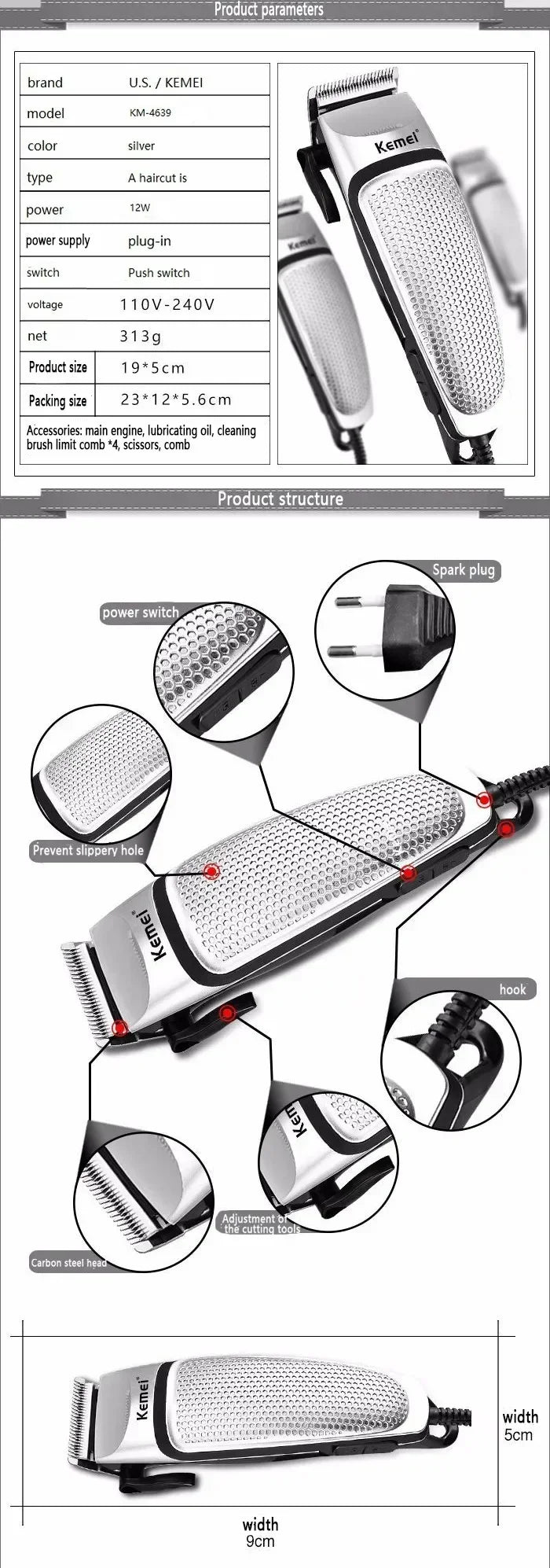 Kemei KM-4639 Electric Clipper Hair Clippers Professional Trimmer Household Low Noise Beard Machine Personal Care Haircut Tool