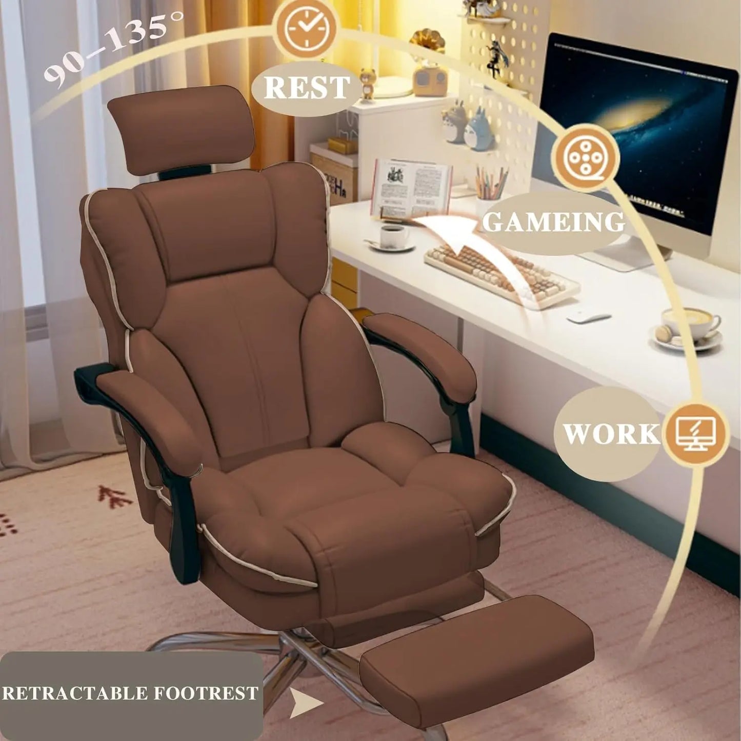 Executive Office Chair with Foot Rest High Back Office Chair Computer Gaming Chairs Big and Tall PU Leather Office Brown