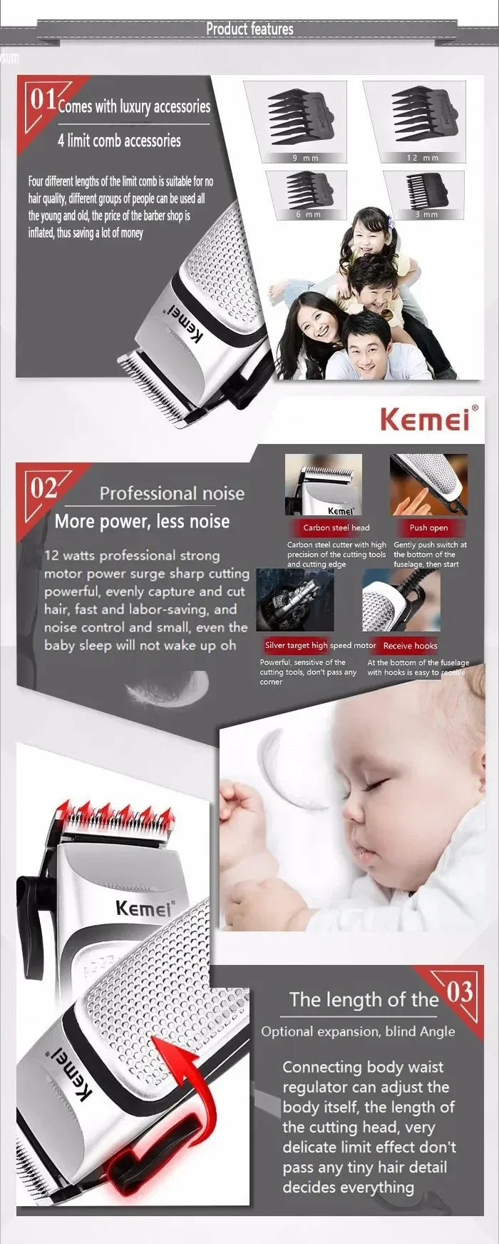 Kemei KM-4639 Electric Clipper Hair Clippers Professional Trimmer Household Low Noise Beard Machine Personal Care Haircut Tool