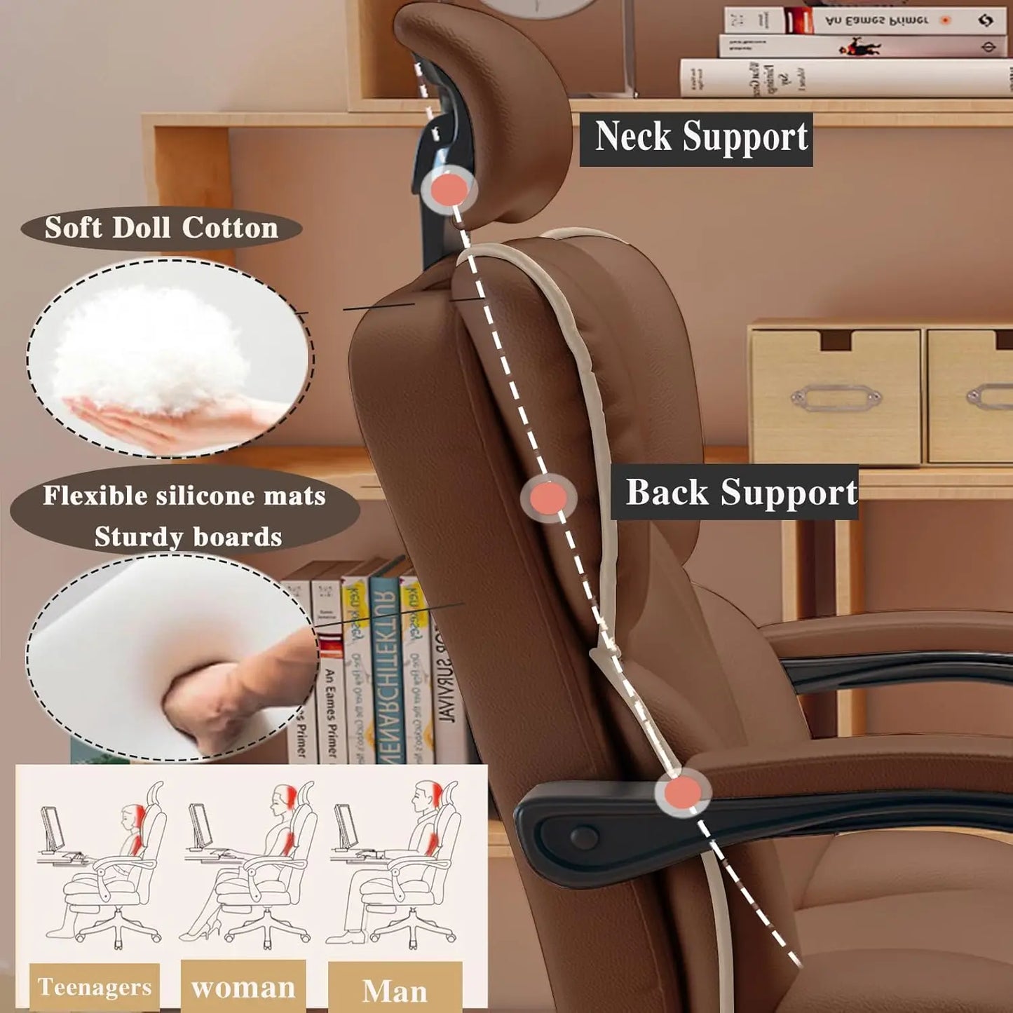 Executive Office Chair with Foot Rest High Back Office Chair Computer Gaming Chairs Big and Tall PU Leather Office Brown