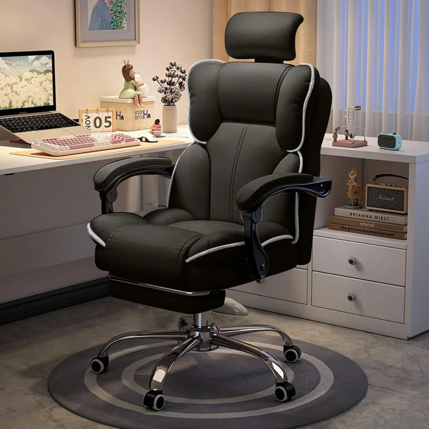Executive Office Chair with Foot Rest High Back Office Chair Computer Gaming Chairs Big and Tall PU Leather Office Brown