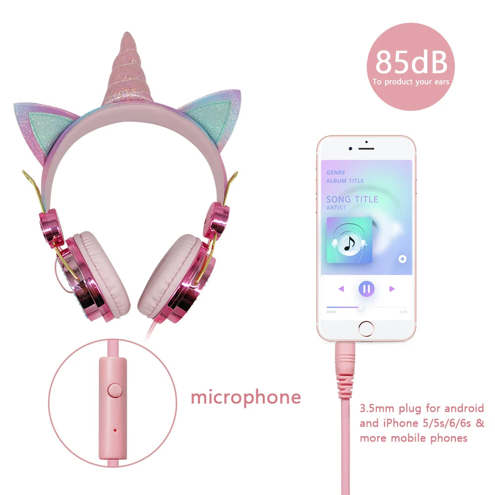 Cute Unicorn Headphones 3D Stereo Music Kids Headphones With Microphone Girls Cell Phone Children's Wired Headset Gamer Gift