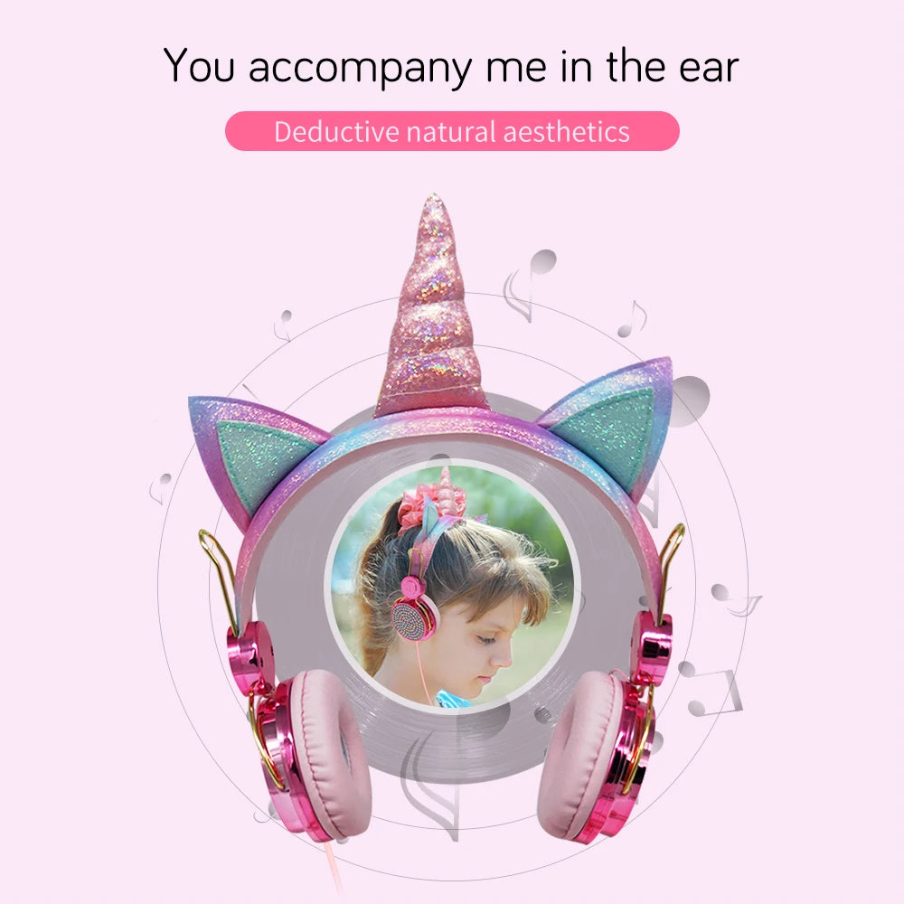 Cute Unicorn Headphones 3D Stereo Music Kids Headphones With Microphone Girls Cell Phone Children's Wired Headset Gamer Gift