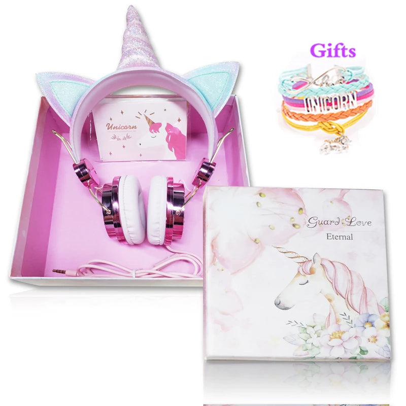 Cute Unicorn Headphones 3D Stereo Music Kids Headphones With Microphone Girls Cell Phone Children's Wired Headset Gamer Gift