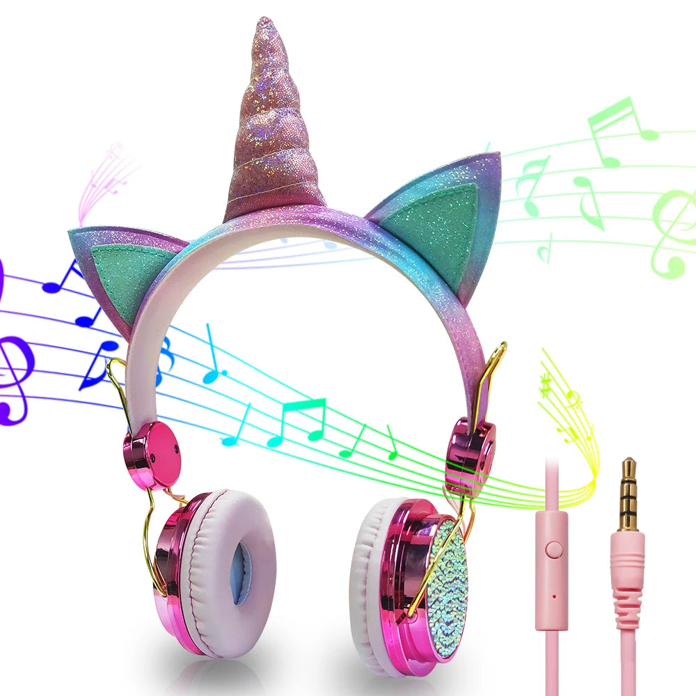 Cute Unicorn Headphones 3D Stereo Music Kids Headphones With Microphone Girls Cell Phone Children's Wired Headset Gamer Gift