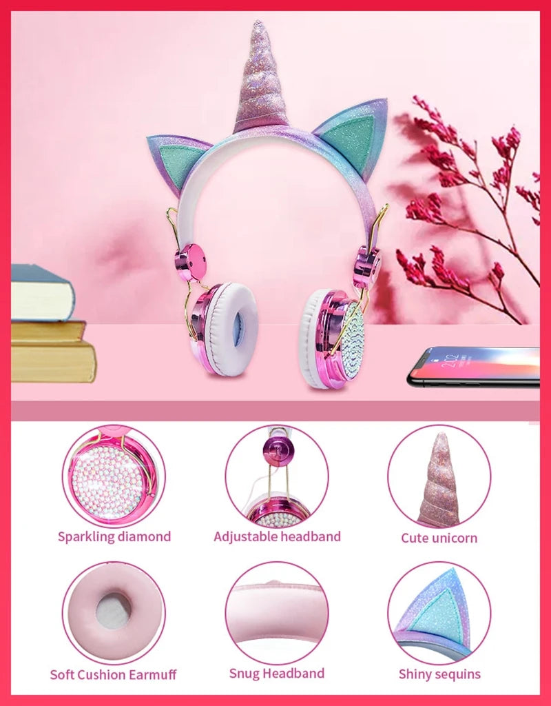 Cute Unicorn Headphones 3D Stereo Music Kids Headphones With Microphone Girls Cell Phone Children's Wired Headset Gamer Gift