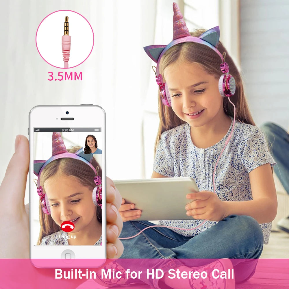 Cute Unicorn Headphones 3D Stereo Music Kids Headphones With Microphone Girls Cell Phone Children's Wired Headset Gamer Gift