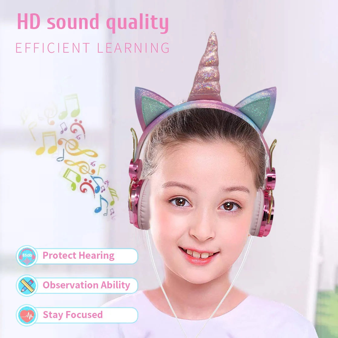 Cute Unicorn Headphones 3D Stereo Music Kids Headphones With Microphone Girls Cell Phone Children's Wired Headset Gamer Gift