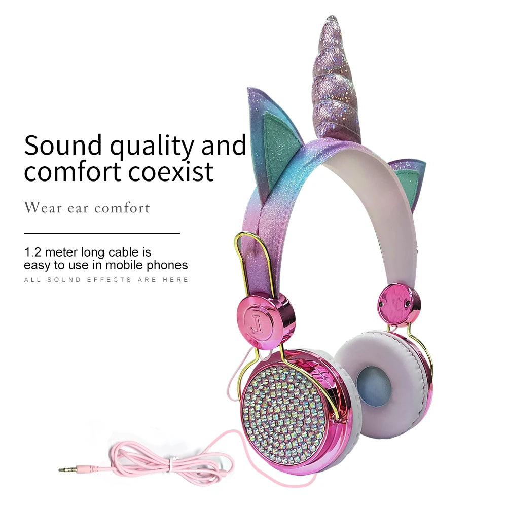 Cute Unicorn Headphones 3D Stereo Music Kids Headphones With Microphone Girls Cell Phone Children's Wired Headset Gamer Gift