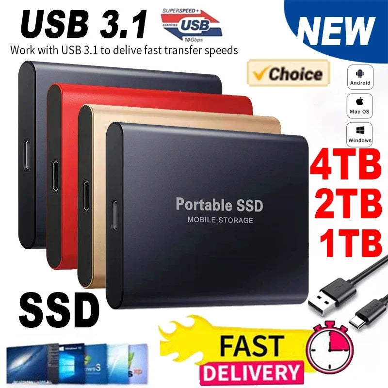 External Hard Drive SSD 4TB - USB 3.0 Solid Disk Fast Transfer Shockproof Large Backup Plug & Play Compatible with Mac/PC/Phones