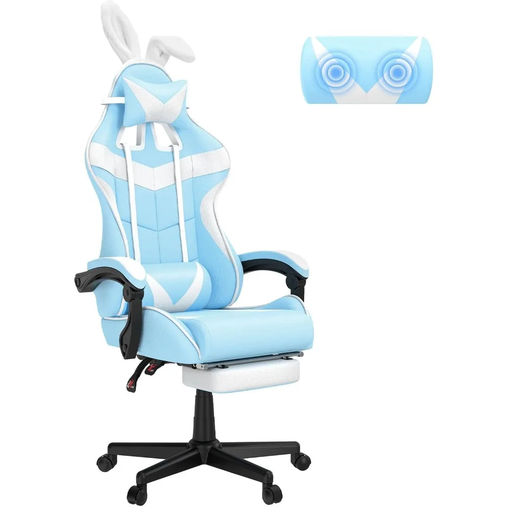 Light Blue Gaming Chair with Footrest,Lovely Cute Bunny Computer Gamer Chair,Kawaii Desk Chair
