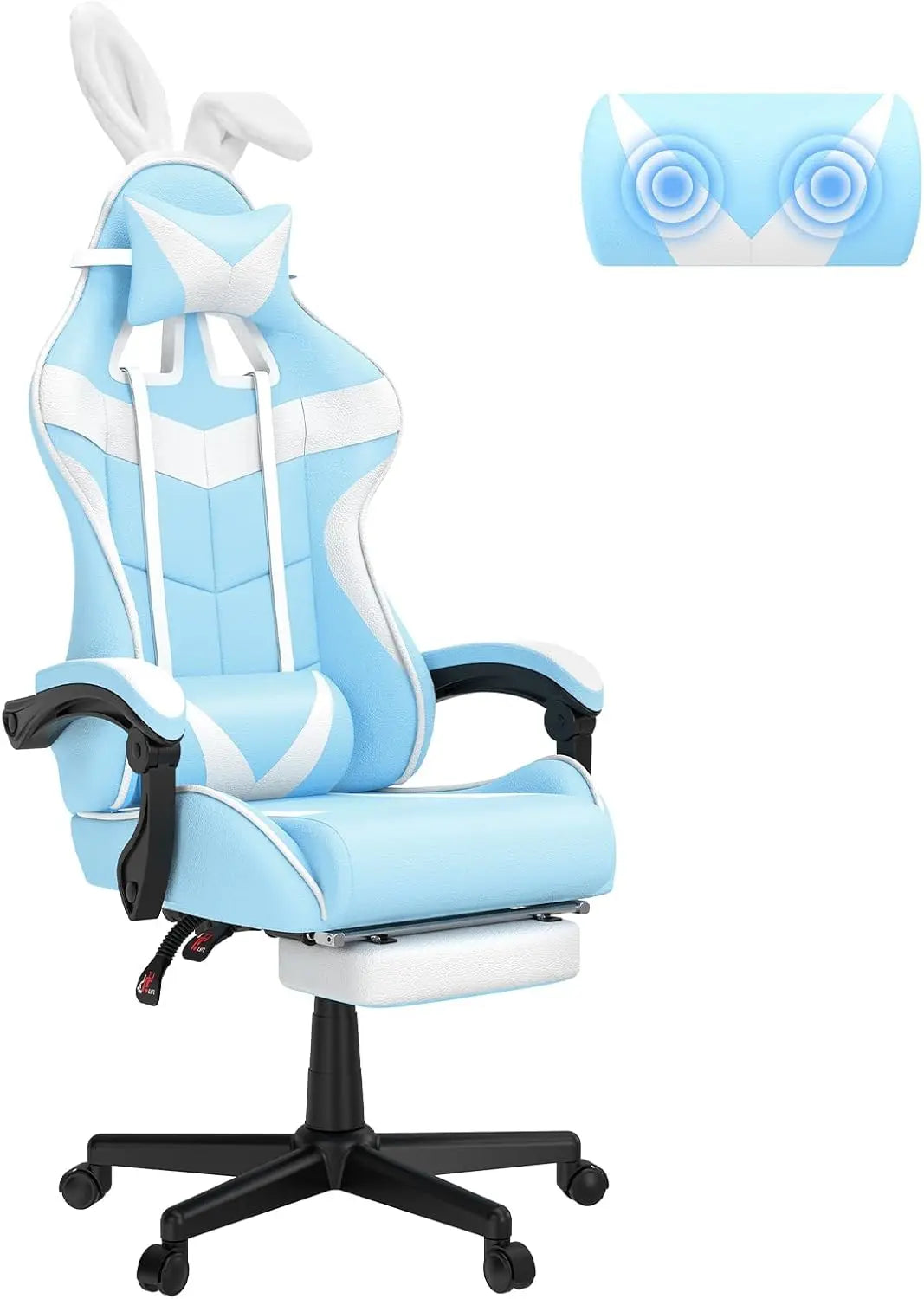 Light Blue Gaming Chair with Footrest,Lovely Cute Bunny Computer Gamer Chair,Kawaii Desk Chair