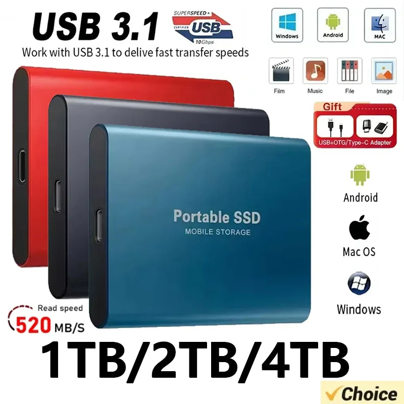 External Hard Drive 1TB Portable SSD 2TB External Solid State Drive USB 3.1/Type-C Hard Disk High-Speed Storage for PC/Mac/Phone