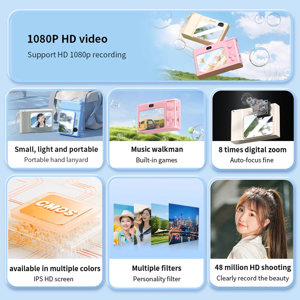 2.4 Inch Kids Digital Camera 1080P 48MP Retro Students Camera 8 X Zoom Compact Camera Camcorder for Beginner Photography
