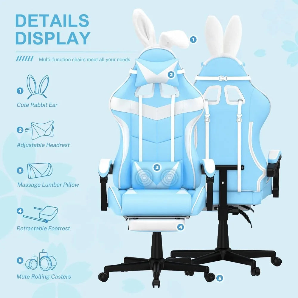 Light Blue Gaming Chair with Footrest,Lovely Cute Bunny Computer Gamer Chair,Kawaii Desk Chair