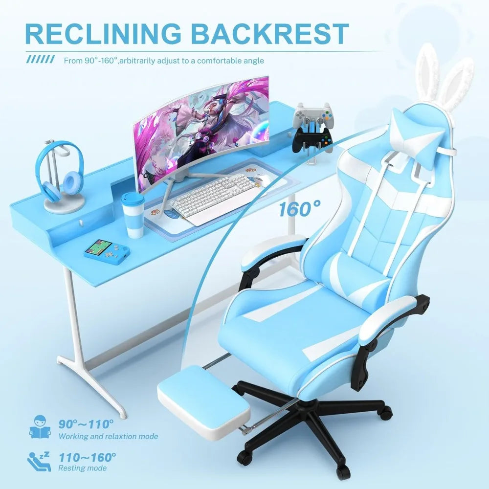 Light Blue Gaming Chair with Footrest,Lovely Cute Bunny Computer Gamer Chair,Kawaii Desk Chair