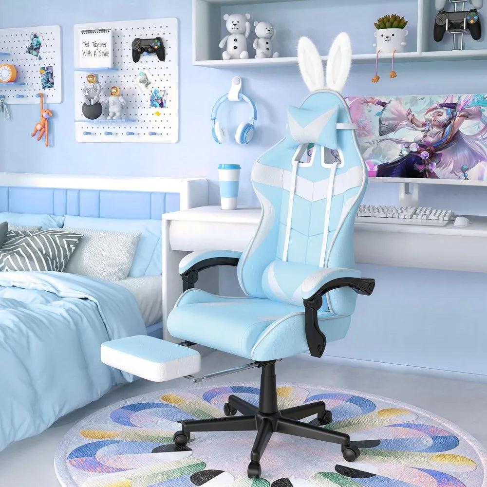 Light Blue Gaming Chair with Footrest,Lovely Cute Bunny Computer Gamer Chair,Kawaii Desk Chair