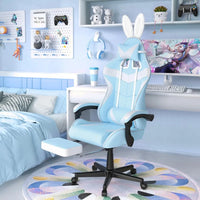 Light Blue Gaming Chair with Footrest,Lovely Cute Bunny Computer Gamer Chair,Kawaii Desk Chair