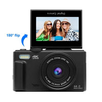 4K Digital Camera for Photography and 18X Digital Zoom Camera 64MP Compact Vlogging Camera 3'' 180° Flip Screen with Flash
