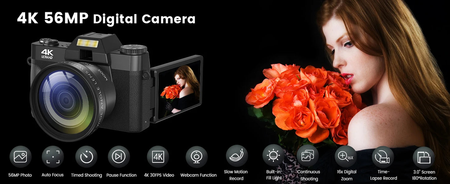 Compact Digital Photography Camera 4K WIFI Webcam Retro Vlog Recorder YouTube 64MP Camcorder 3 Inch Flip Screen Wide Angle Lens