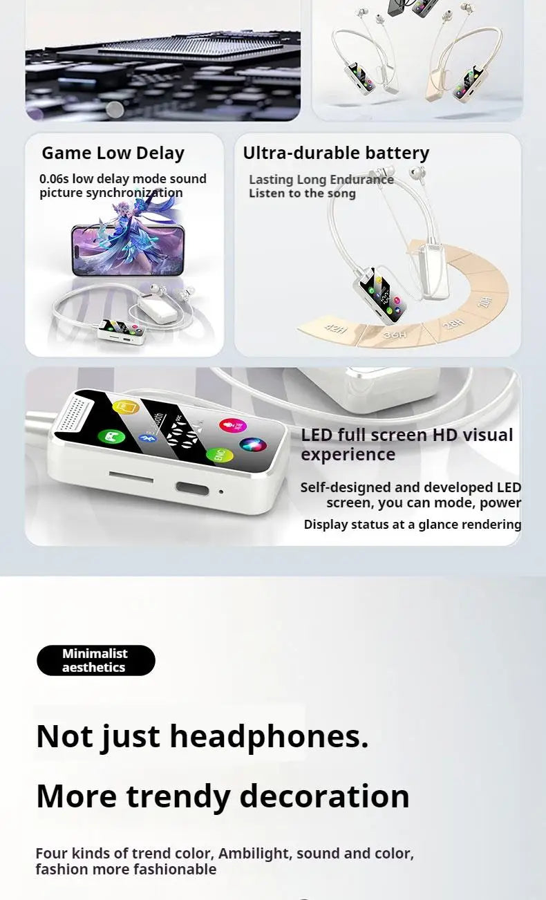 HD Screen HiFi Sound Neckband Long battery Life Wireless Bluetooth5.4 Headphones Earphones Sports Gamer Headsets Noise Reduction
