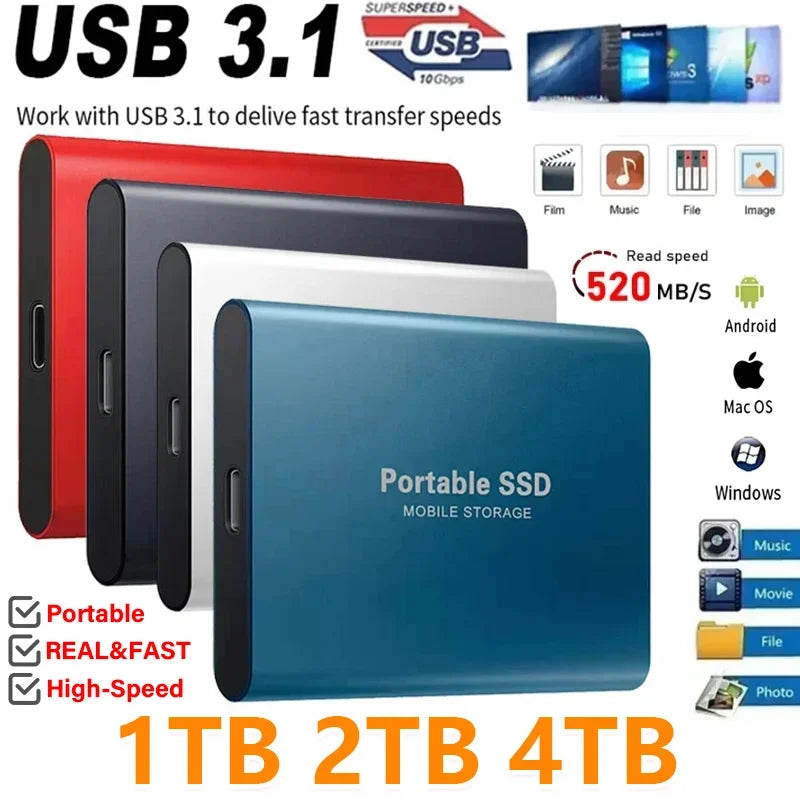 External Hard Drive 1TB Portable SSD 2TB External Solid State Drive USB 3.1/Type-C Hard Disk High-Speed Storage for PC/Mac/Phone