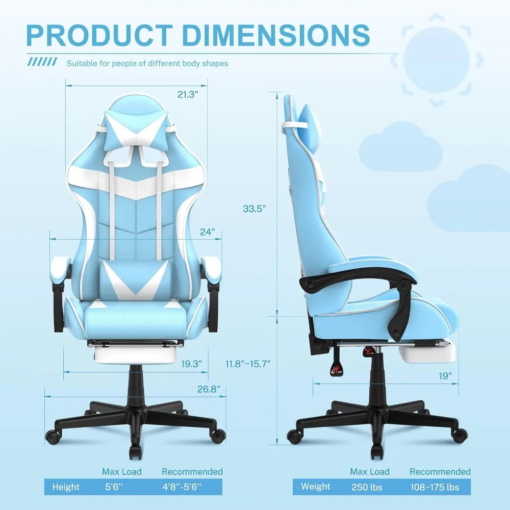 Light Blue Gaming Chair with Footrest,Lovely Cute Bunny Computer Gamer Chair,Kawaii Desk Chair